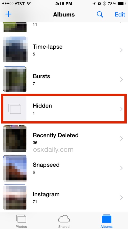 Hidden photos in iOS Albums