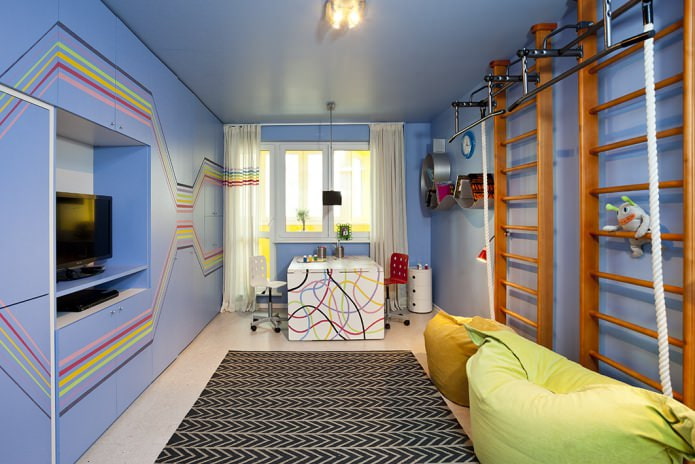 синий одноуровневый натяжной потолок в детской комнате