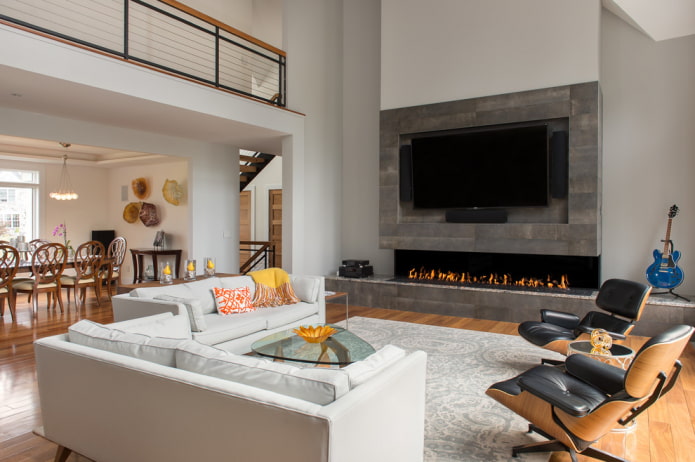 камин и телевизор в интерьере гостиной в современном стиле