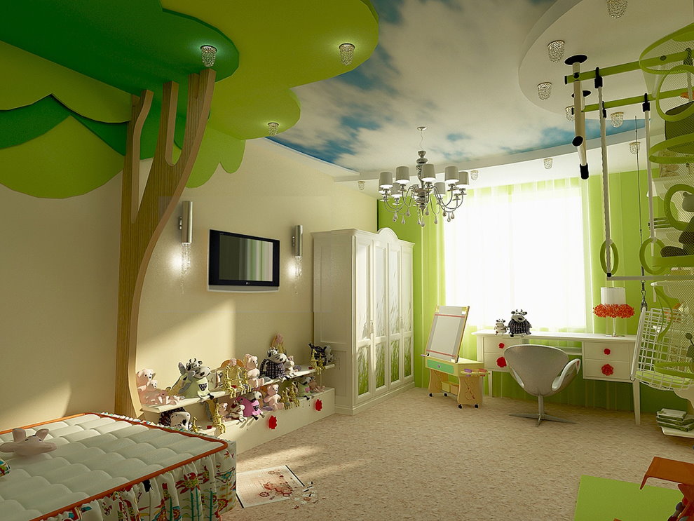 Зонирование потолком пространства детской комнаты
