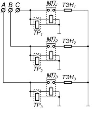 Схема трехфазного подключение ТЭНов через теплореле и контактор
