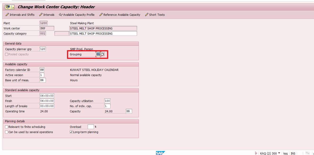 Shift Group Specified in SAP Work Center Capacity Master Data (Transaction CR11)