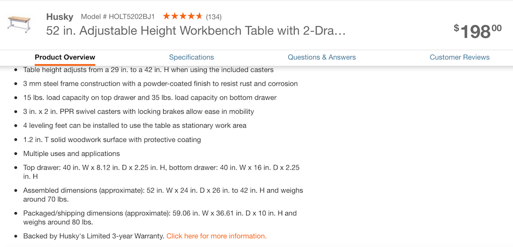 Husky Adjustable Height Work Table