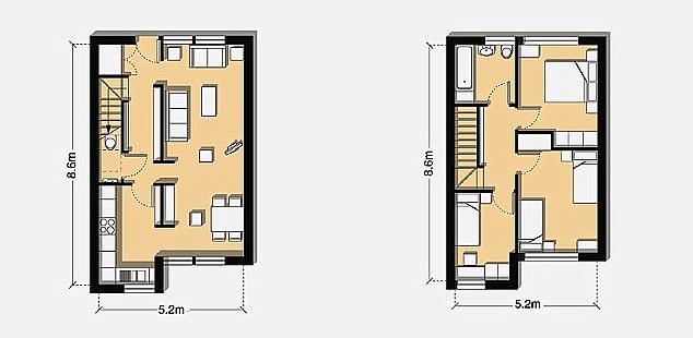 Three-bedroom home today: These floor plans show how houses often have a combined kitchen and dining room while upstairs there are only two decent bedrooms and one box room with room for a single bed
