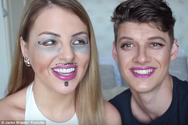 Quality time: YouTube couple Brittney Lee Saunders (left) and Jacko Brazier (right) recently jumped on board the trend of couples giving each other a make over online 