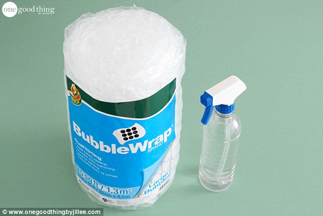 All you will need for this method is a roll of bubble wrap, a spray bottle filled with water and a pair of scissors