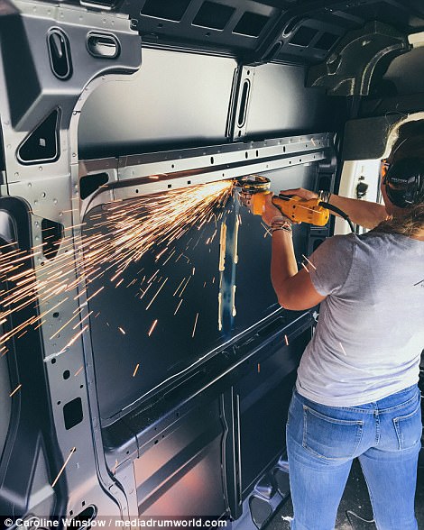 Netflix and Drill: Caroline named the van Roxi, a bit of a nod to her previous van Rocky that started it all. This summer she spent three months converting the van with the help of her boyfriend Luke. Pictures show her hammering, sawing and shaping the van into a livable condition