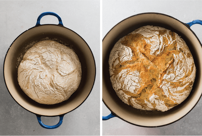 side by side photos of crusty bread before and after baking in a dutch oven