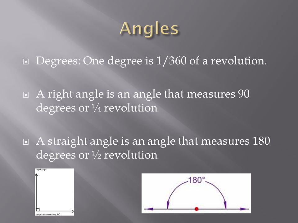  Degrees: One degree is 1/360 of a revolution.
