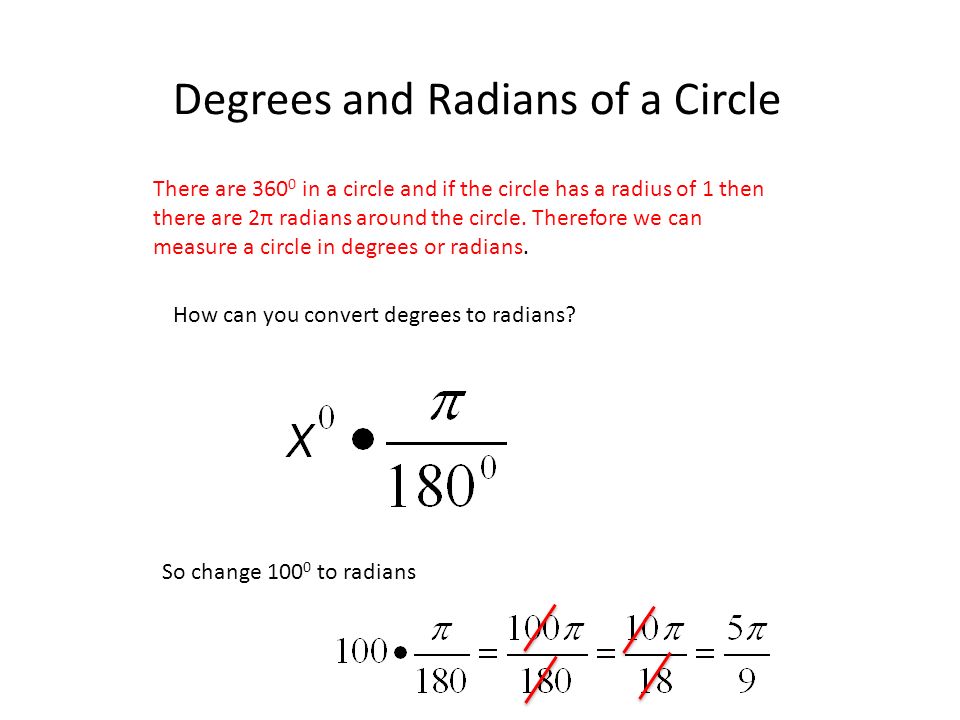 Degrees and Radians of a Circle There are in a circle and if the circle has a radius of 1 then there are 2π radians around the circle.