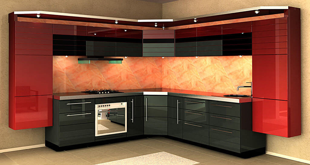 Современный кухонный гарнитур с МДФ фасадами покрытыми эмалью