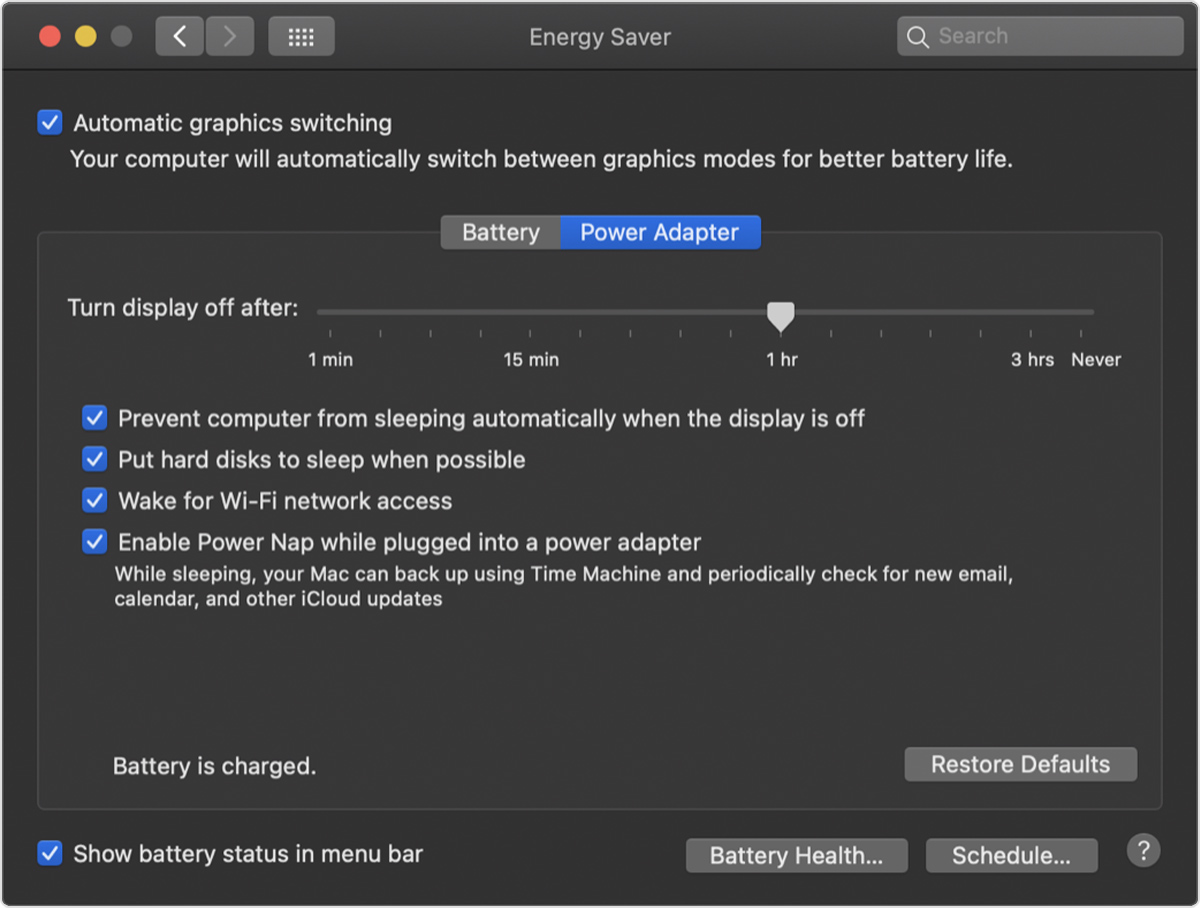 Energy Saver preference pane showing the options available in the Power Adaptor tab.