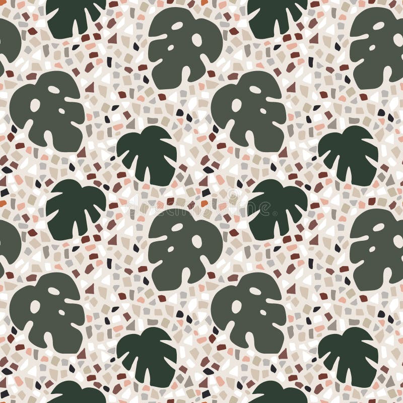 Beautiful terrazzo seamless pattern with monstera, cheese plant leaves. Decorative stone texture. Repeating tile, summer. Tropic design for branding, textile royalty free illustration