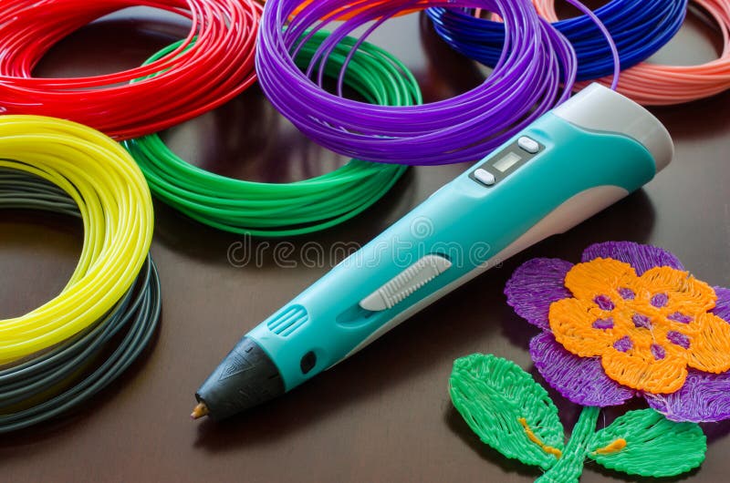 3d pen. Kit colored plastic for 3D pen. 3d figures with their own hands. Ideas for creativity. Hobby after school stock photography
