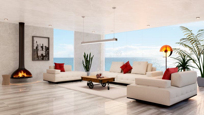 3D render of modern living room with sea view. vector illustration