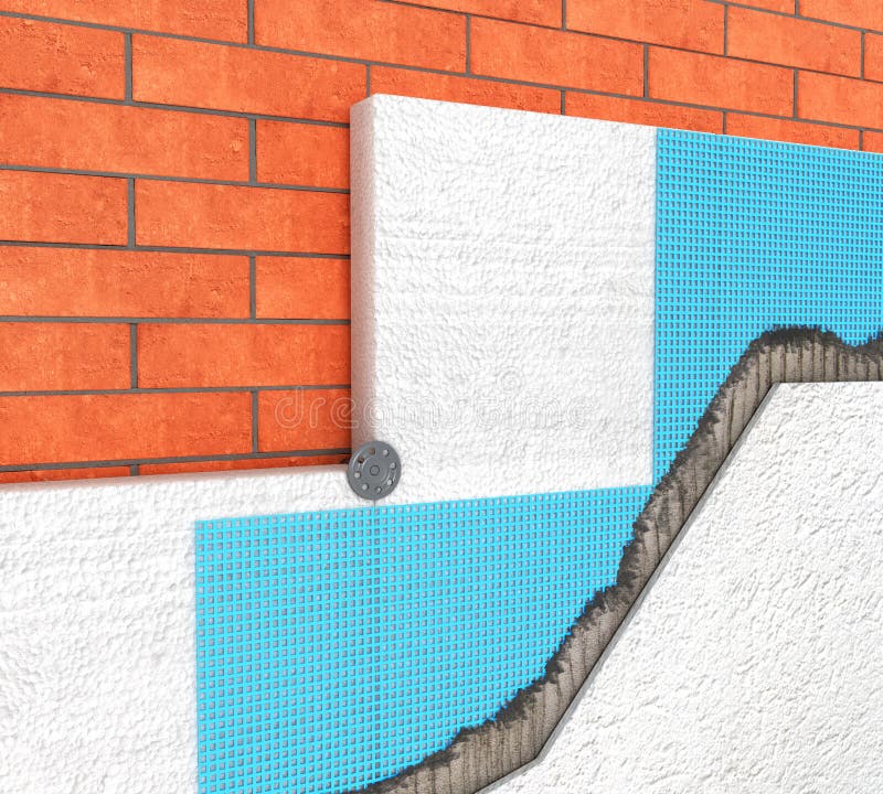 Detail of Thermal insulation of a brick wall with polyurethane panels on a white 3d stock images