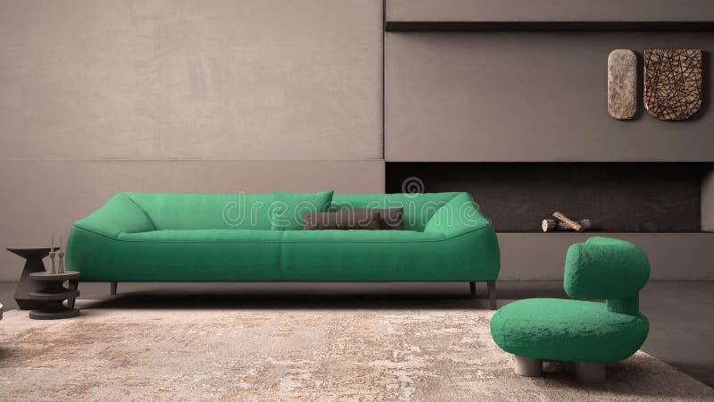 Elegant grunge living room with plaster walls and floor, fireplace. Turquoise sofa with pillows, carpet, fluffy armchair, side vector illustration