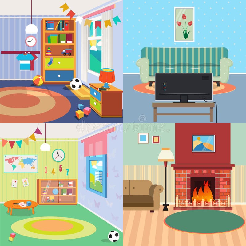 Home Interiors Set. Children Bedroom Interior. Living Room with Fireplace stock illustration