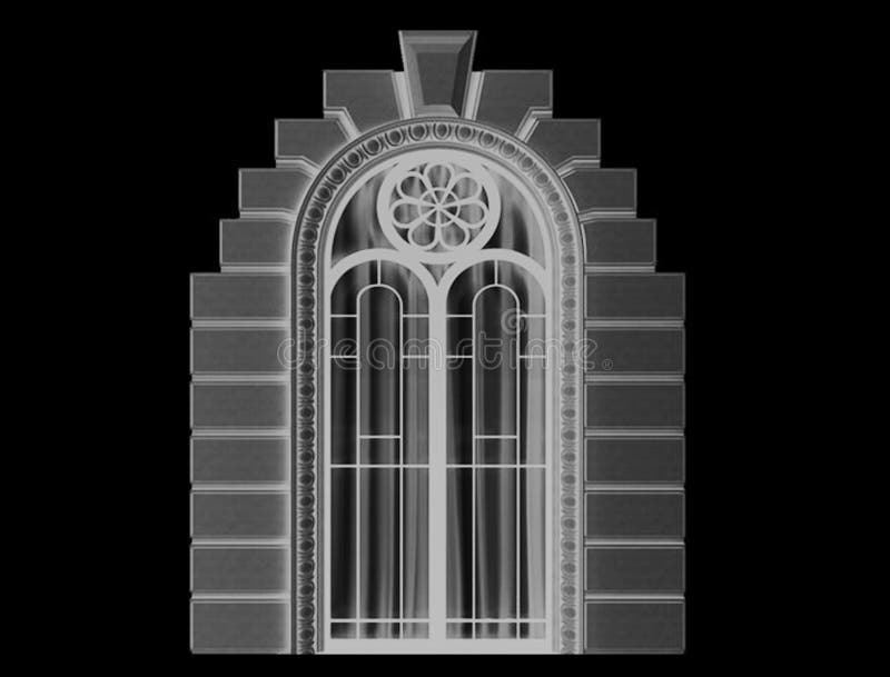 An isolated arched window and massive decorative stone renderings element in white on black wall  background. Roman architecture style. Decorative element stock illustration