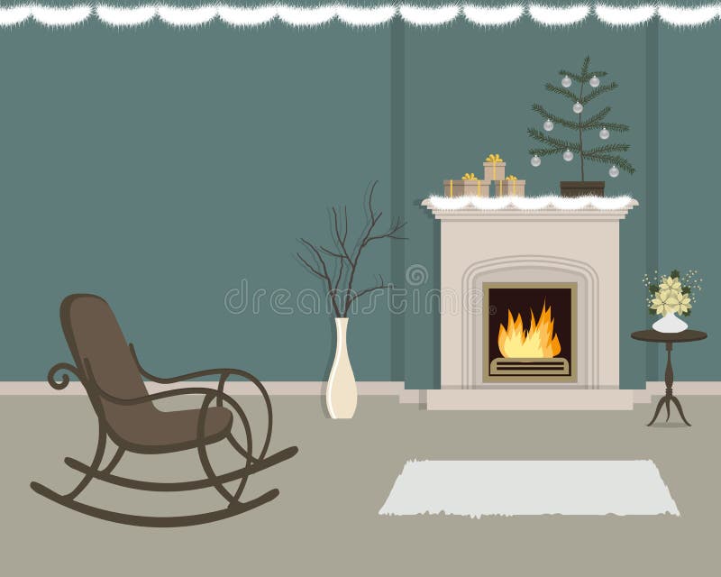 Living room with fireplace, decorated with Christmas decorations royalty free illustration