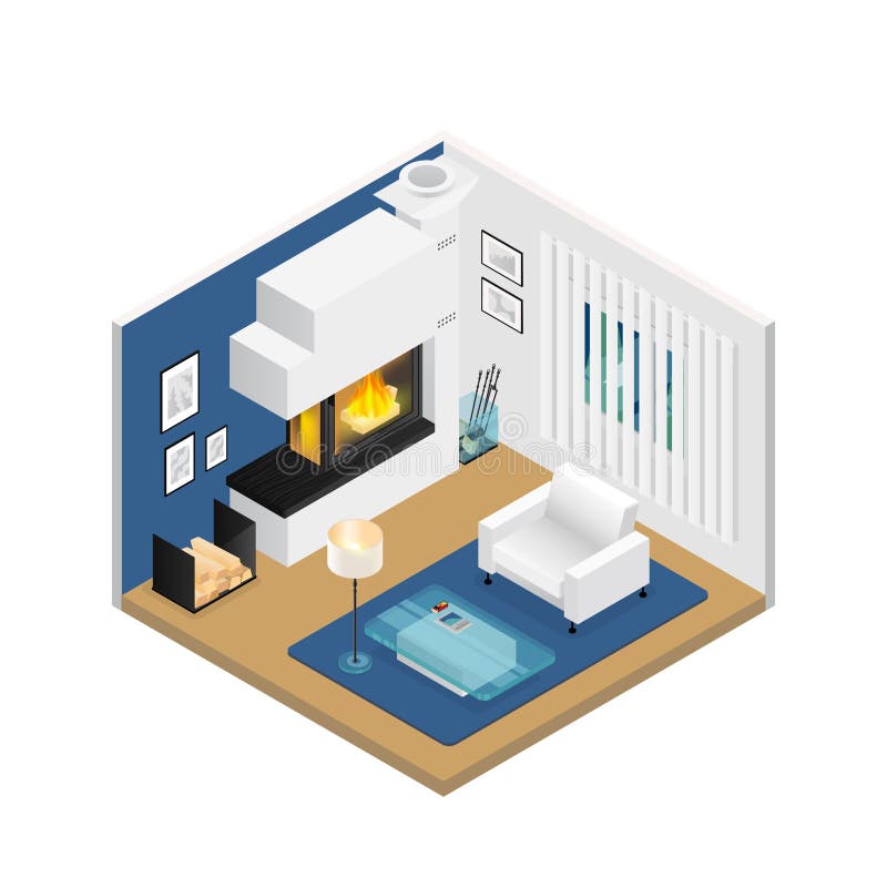 Living Room Isometric Interior With Fireplace vector illustration