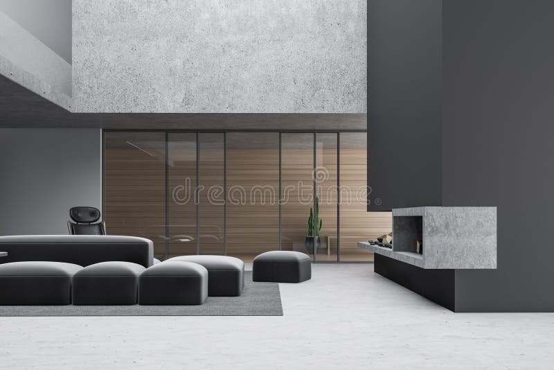 Minimalist gray living room corner with fireplace royalty free illustration
