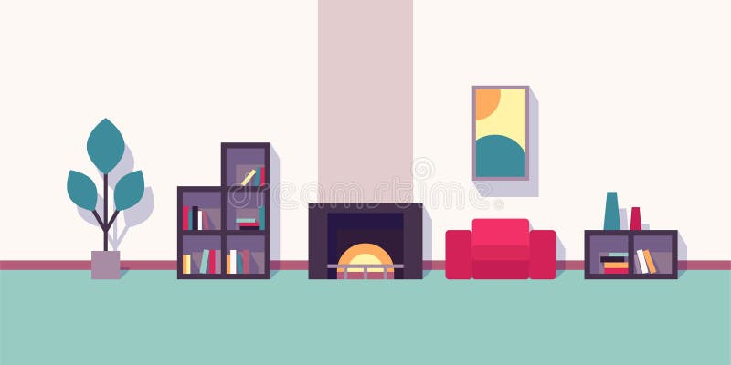 Flat living room with fireplace stock illustration