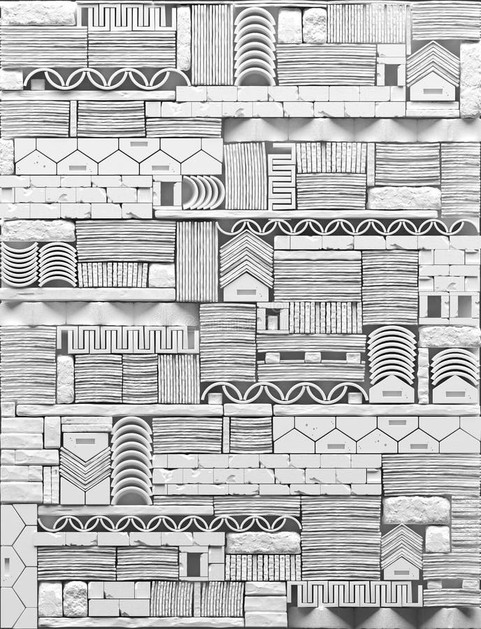 Texture of the decorative stone 3D panels on the wall. An abstract composition of stone blocks and bricks with patterns in ancient. Style. Monochrome white stock illustration