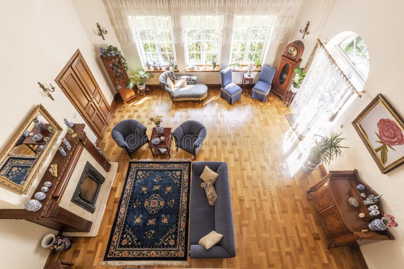 Top view of a classic living room interior with a blue carpet, s stock photos