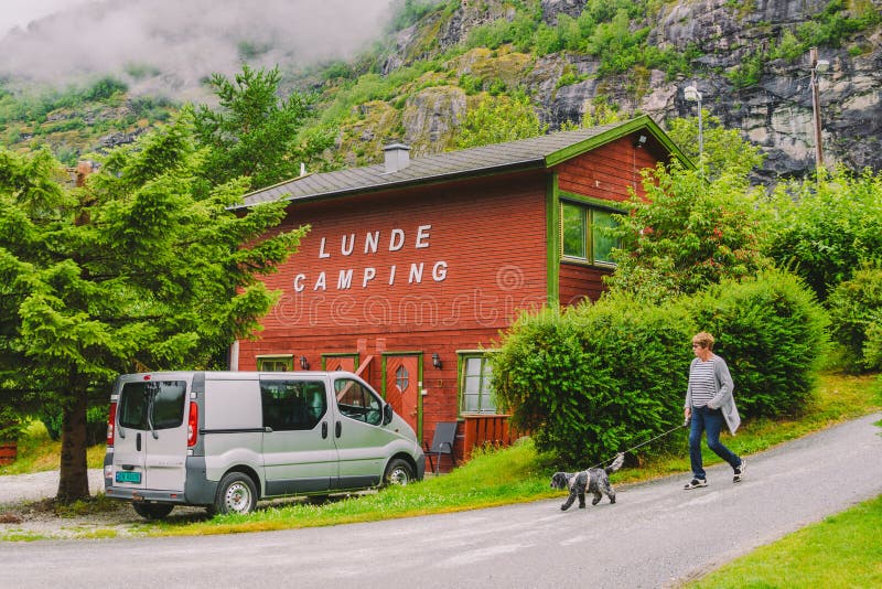 Traditional red camping houses in Lunde Camping, Norway July 21, 2019. Classical Norwegian Camping site with traditional wooden royalty free stock images