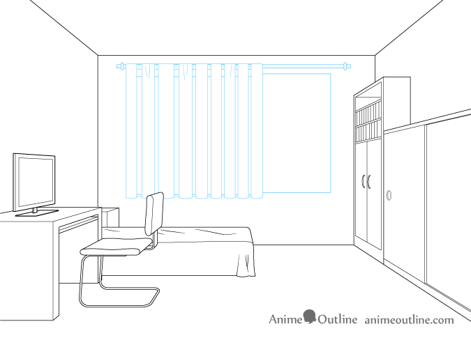 One point perspective drawing window curtains
