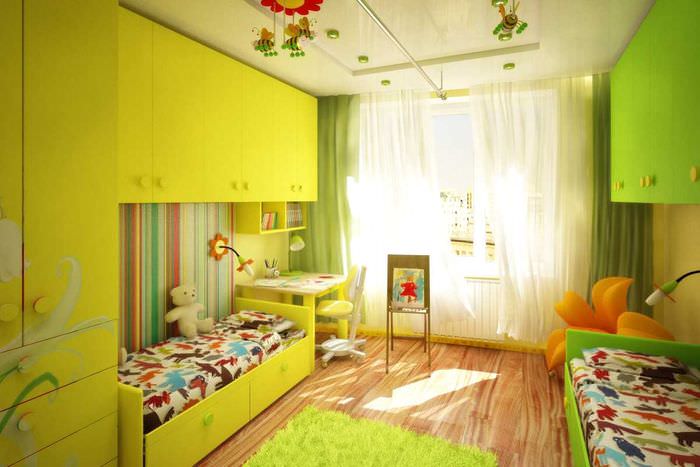 идея светлого стиля детской комнаты для двоих девочек