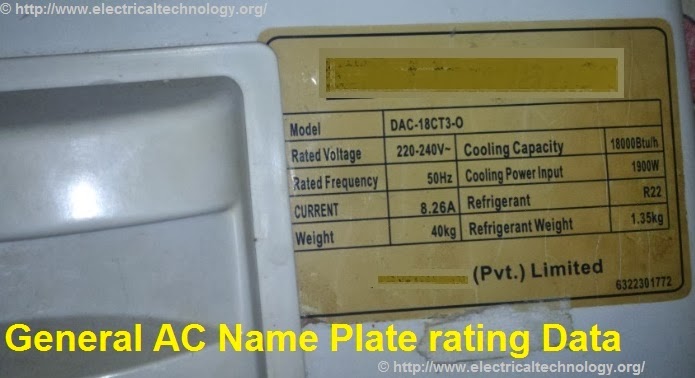 A general AC (Air-conditioner) Name plate rating Data
